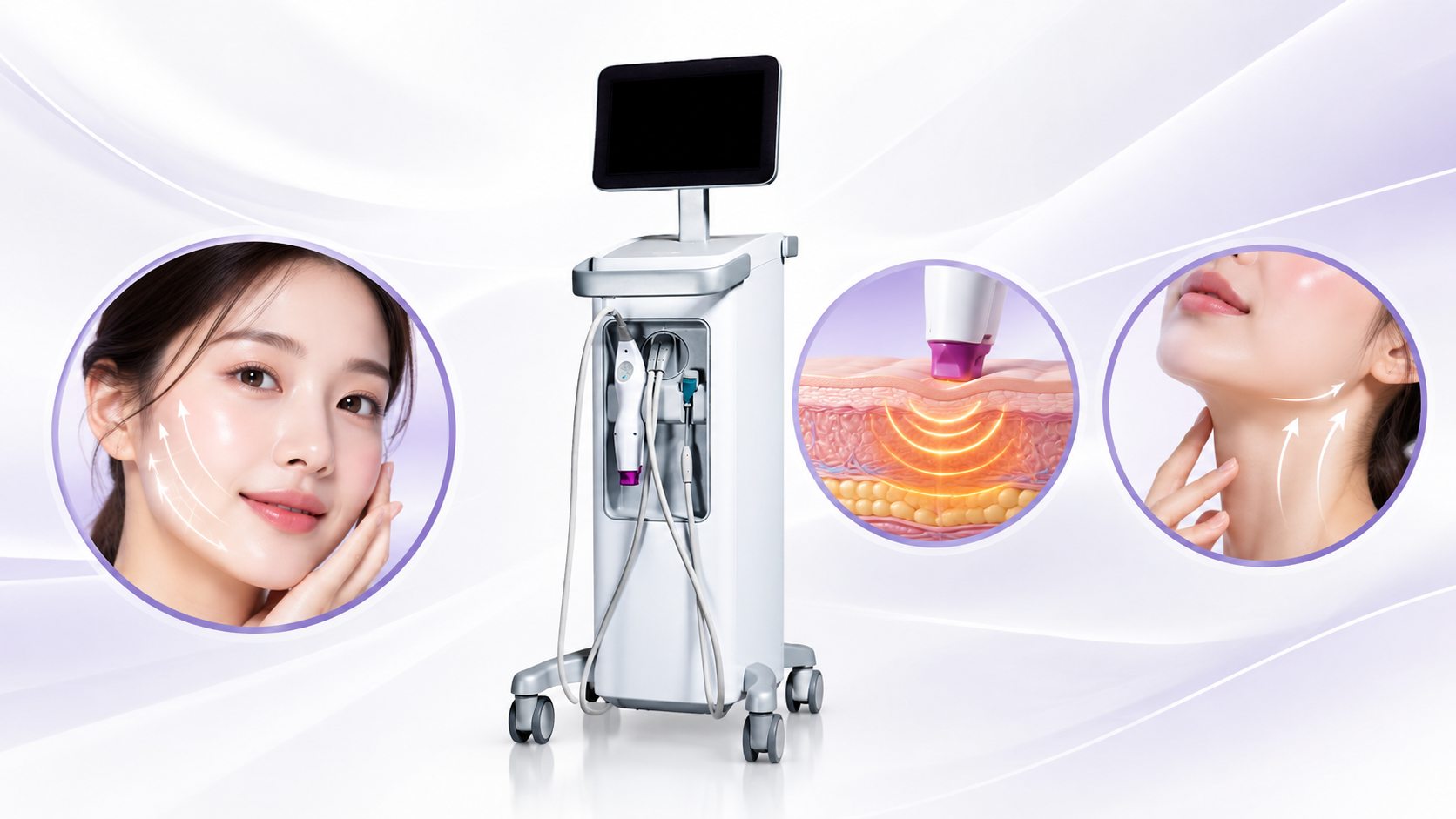 Dispositivo de reafirmación de la piel con ilustraciones de energía térmica en las capas profundas de la piel y lifting de rostro y cuello.