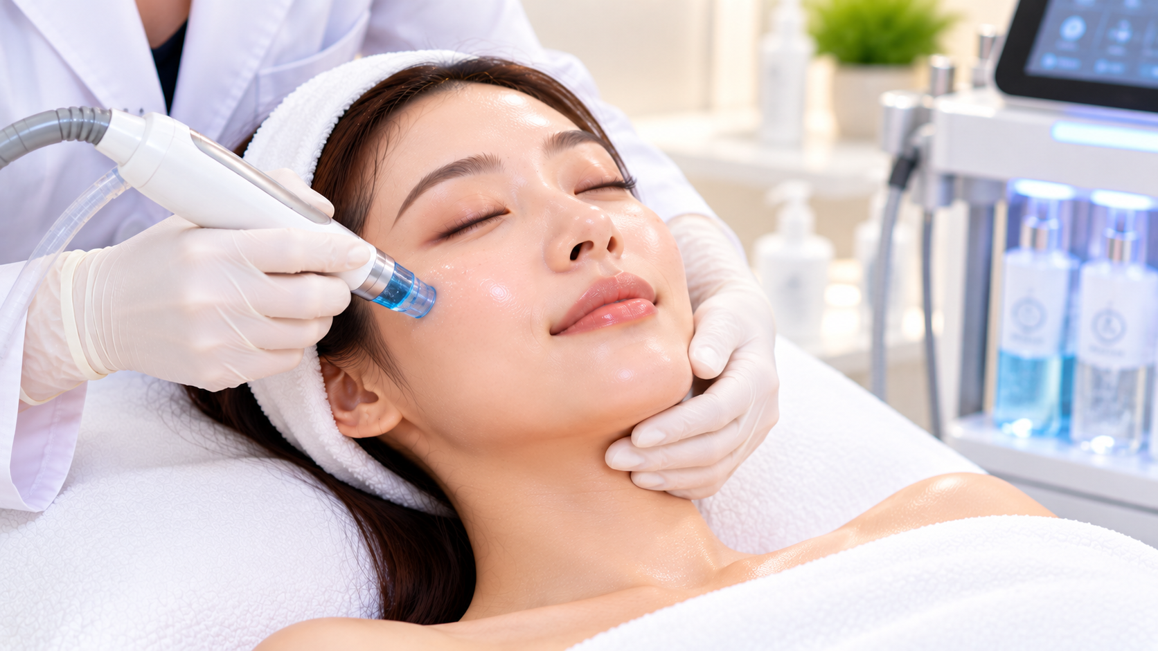 Practitioner performing a hydrating facial on a patient's cheek with a suction handpiece