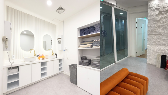 Powder room with vanity and towel shelves, and hallway seating area at JD Clinic
