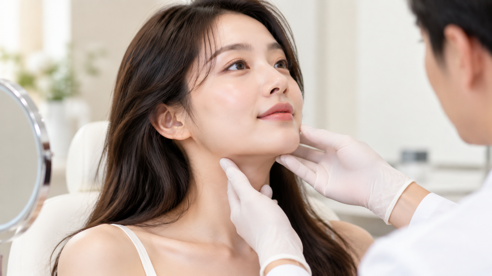 Doctor examining a patient's jawline and neck during a consultation