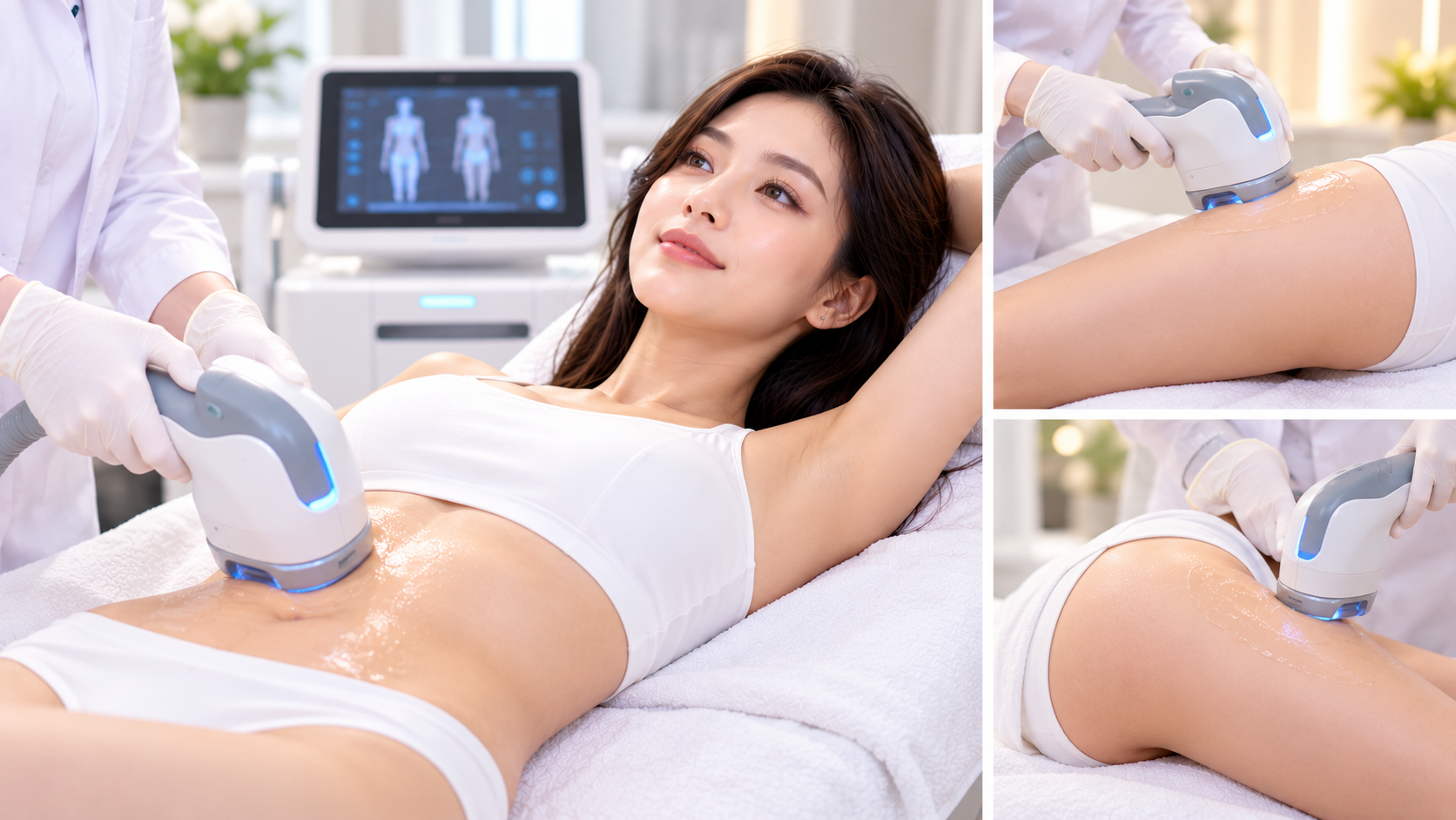 Practitioner treating a patient's abdomen, thigh and hip with a body slimming device