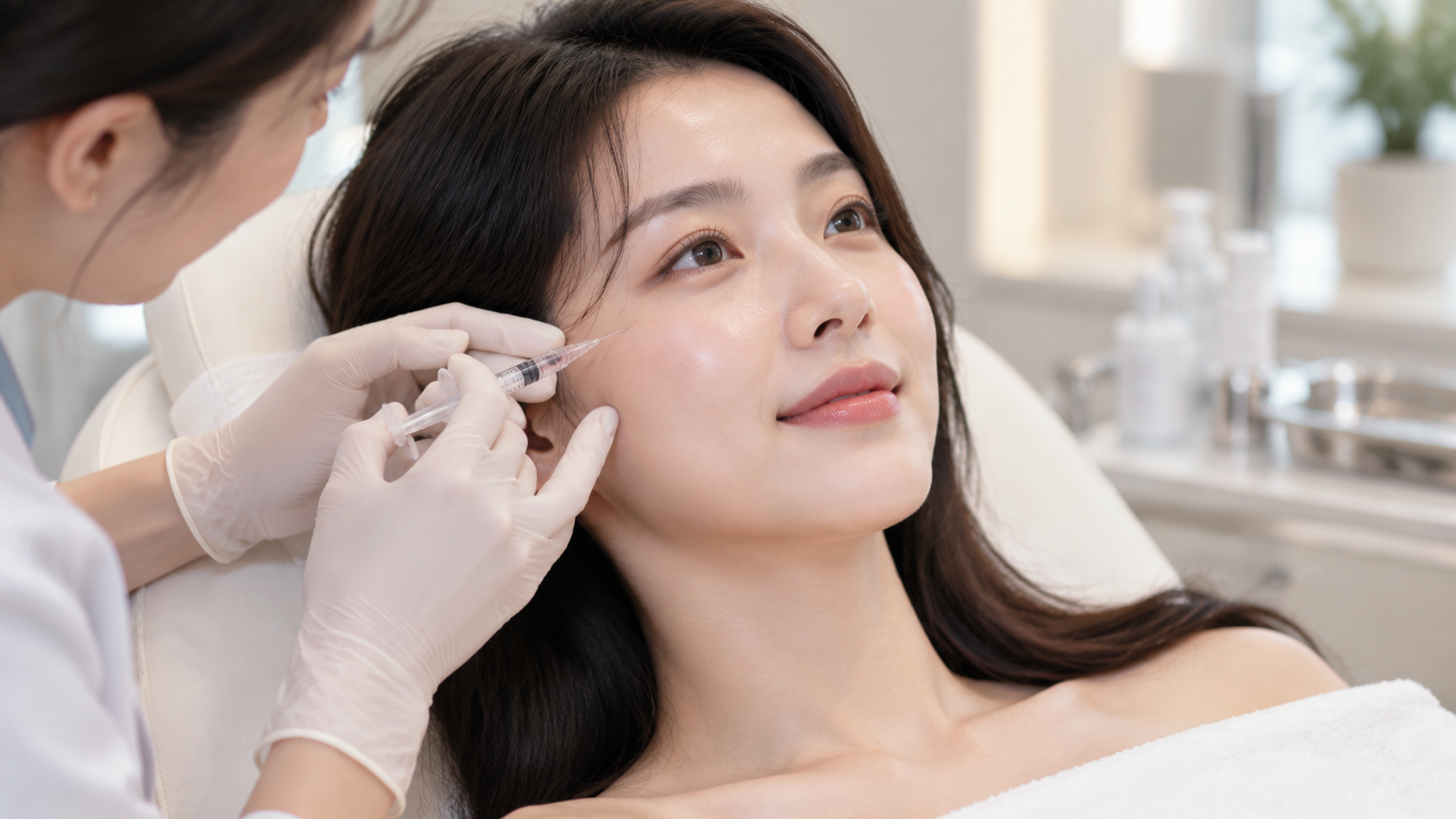 Practitioner giving an injection beside a patient's outer eye
