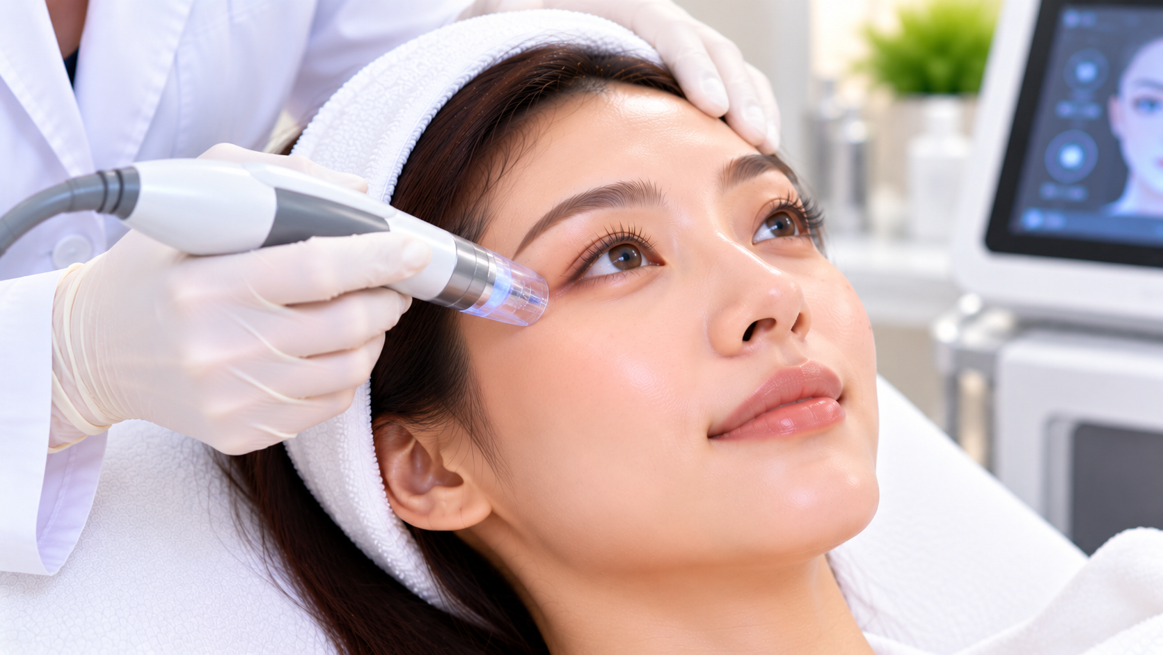 Practitioner steadying a patient's forehead while treating her outer eye with a blue-lit tip