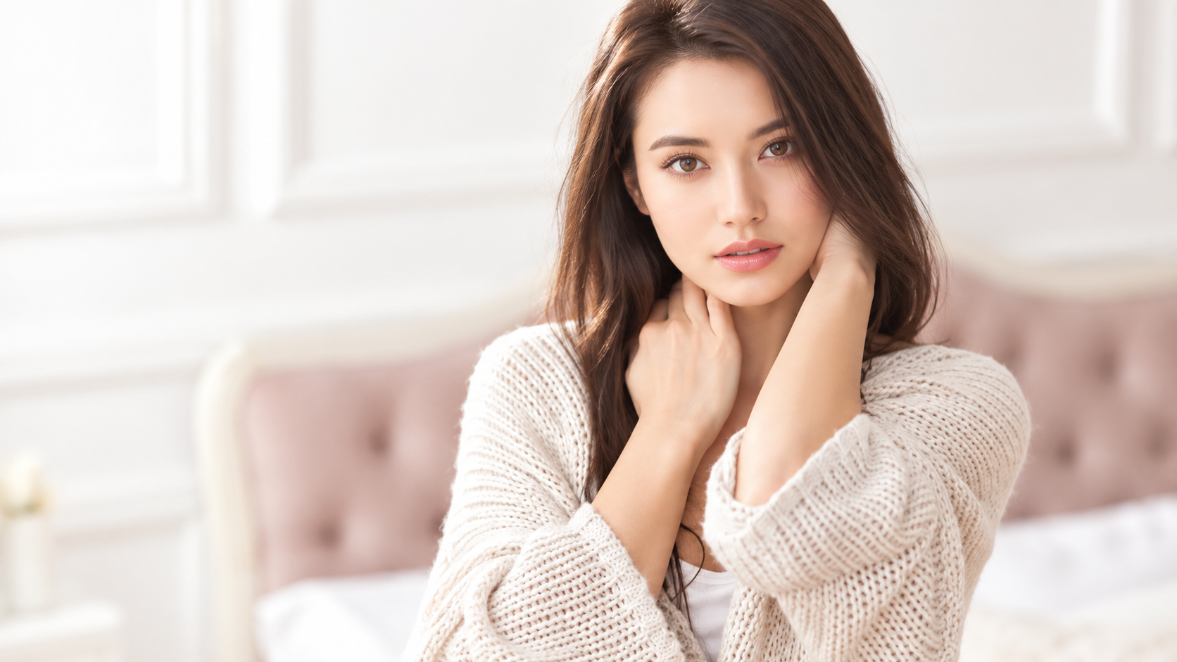 Model memakai kardigan rajutan berwarna krim dengan kedua-dua tangan di lehernya untuk menggambarkan kulit leher yang licin.