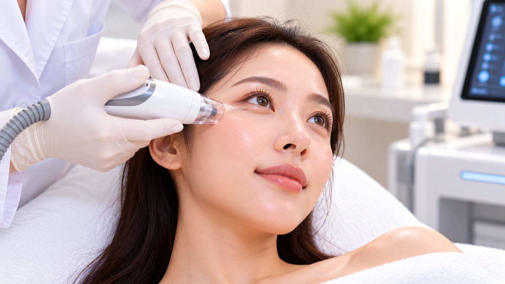 Practitioner treating the outer corner of a patient's eye with a clear-tipped handpiece