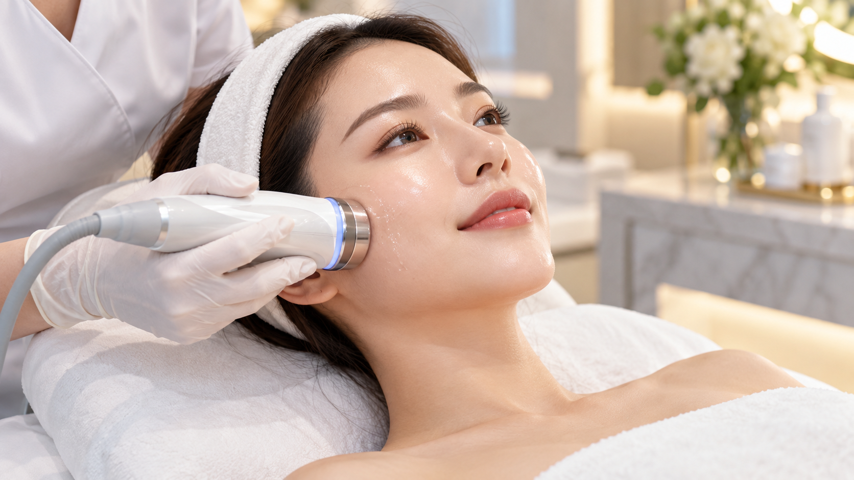 Pengamal menggunakan peranti pengangkat mudah alih pada pipi pesakit yang disaluti gel.