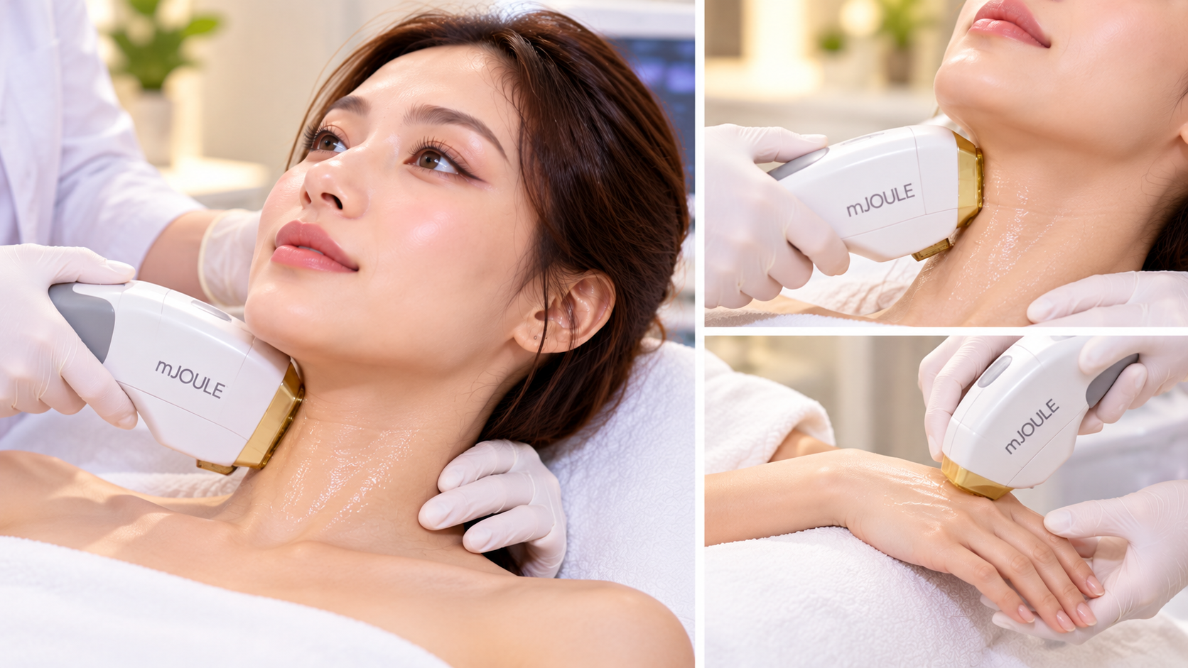 Practitioner performing an mJOULE treatment on a patient's neck and back of the hand