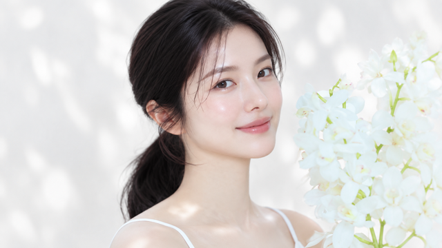 Woman holding white flowers against a bright background.