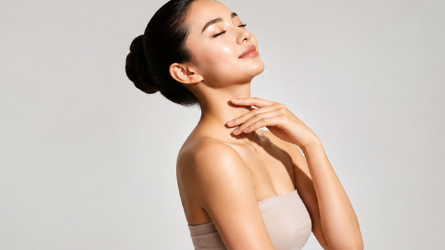 Woman touching her neck with eyes closed against a light background.