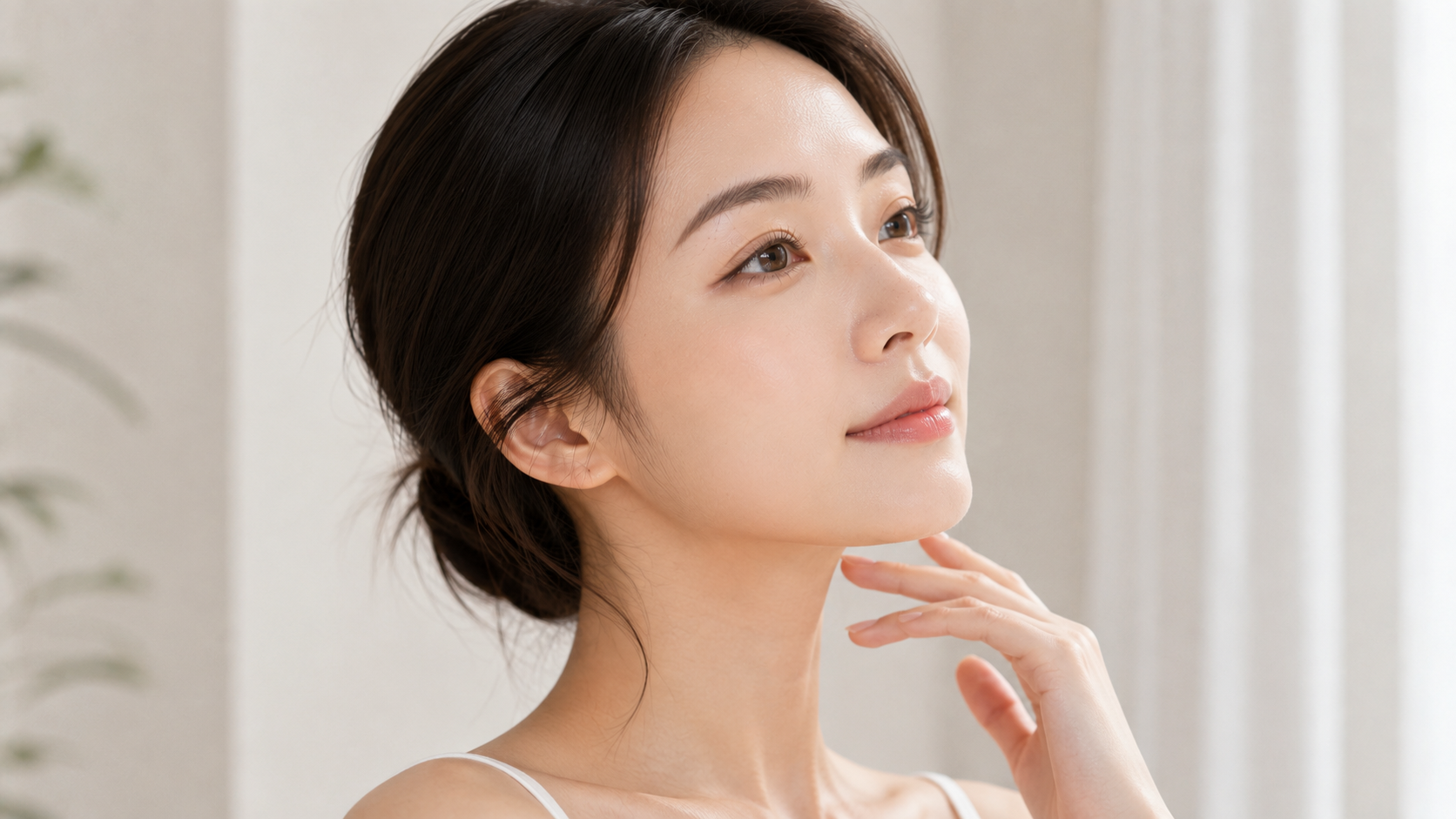 Model menyentuh garis rahangnya untuk menggambarkan garis rahang dan kontur leher yang jelas.