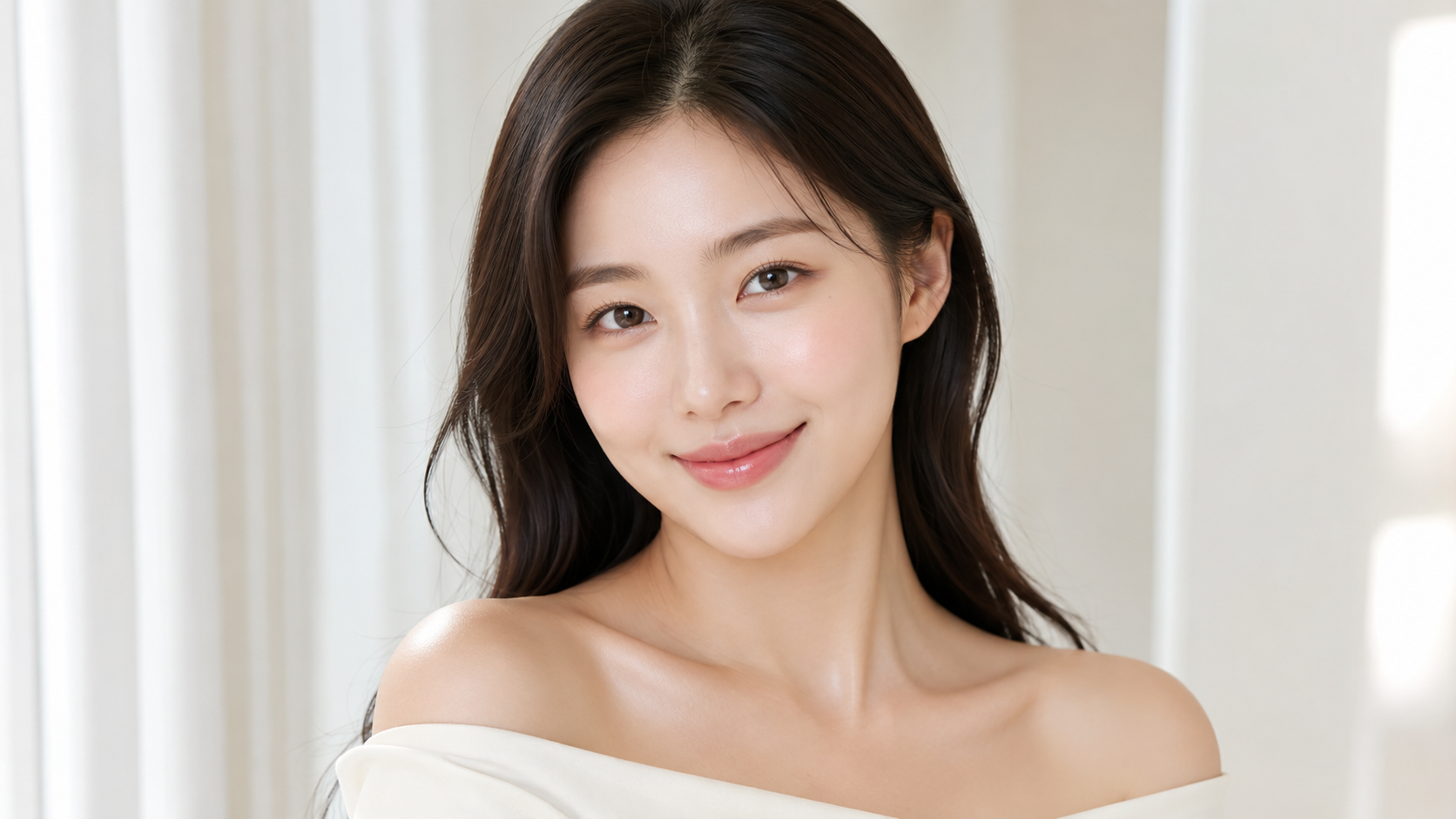 Model tersenyum dengan kulit yang jelas dan berseri untuk menggambarkan hasil penjagaan kulit
