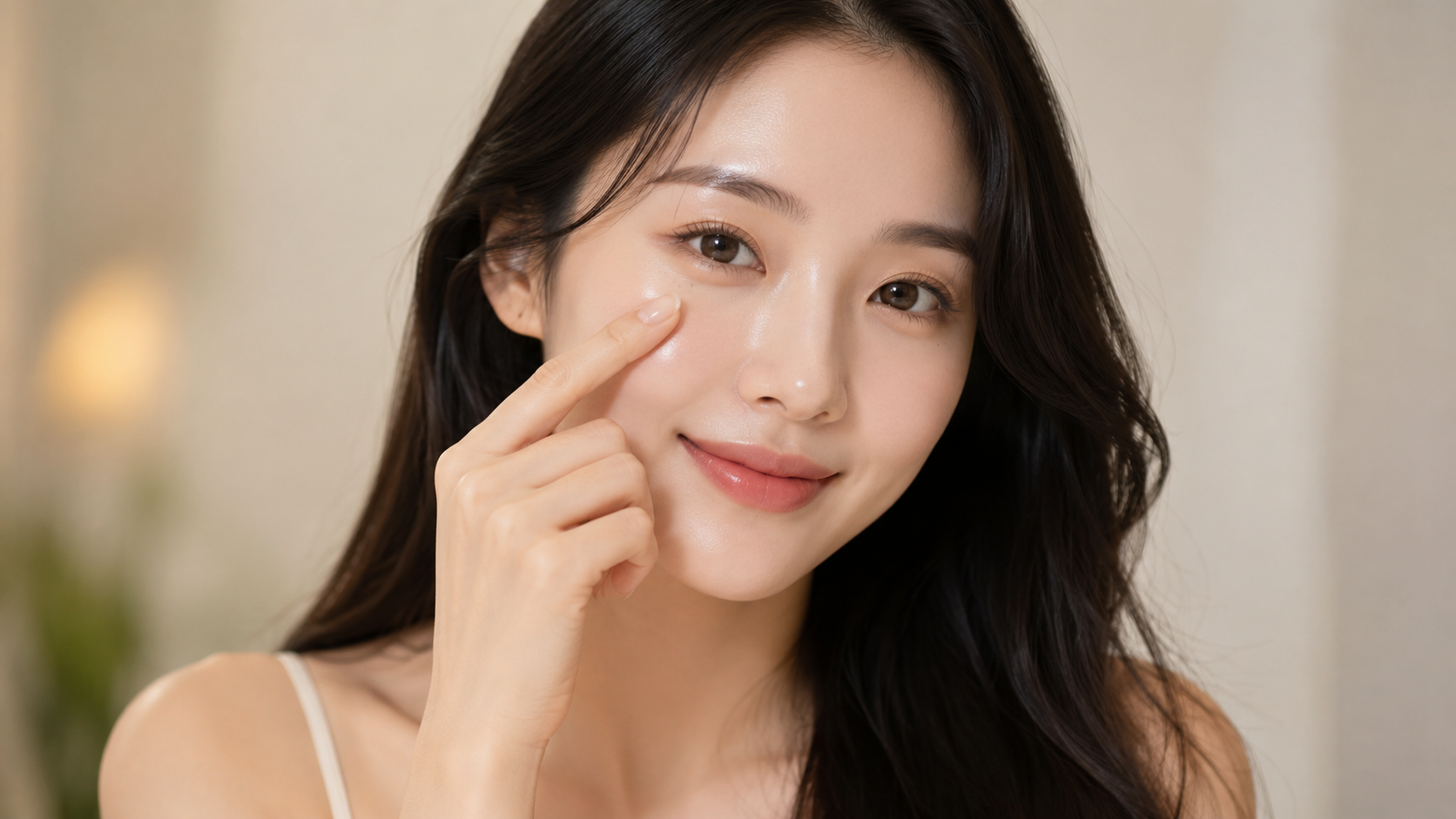 Smiling model touching her cheek to show glowing, hydrated skin