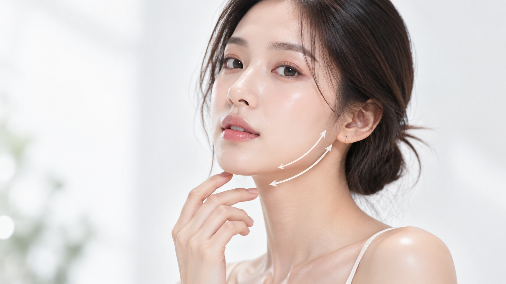 Model touching her chin with arrows along her jawline to illustrate jawline definition