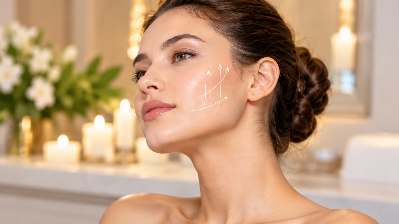 Model with upward arrows drawn on her cheek to illustrate facial lifting