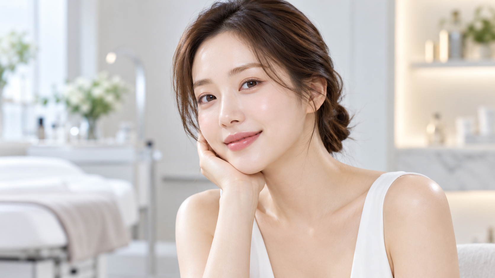 Smiling model resting her chin on her hand to illustrate smooth neck skin