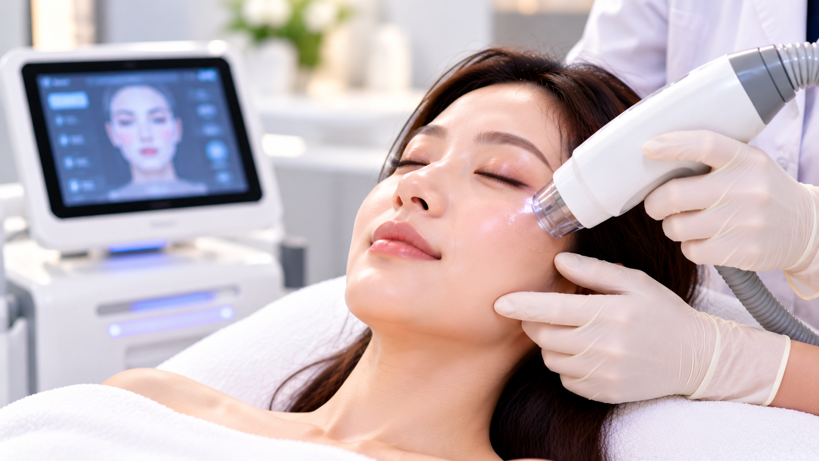 Practitioner treating a patient's upper cheek with a clear-tipped handpiece