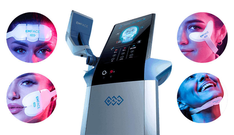 EMFACE device with forehead, cheek, and chin applicators for non-invasive facial lifting