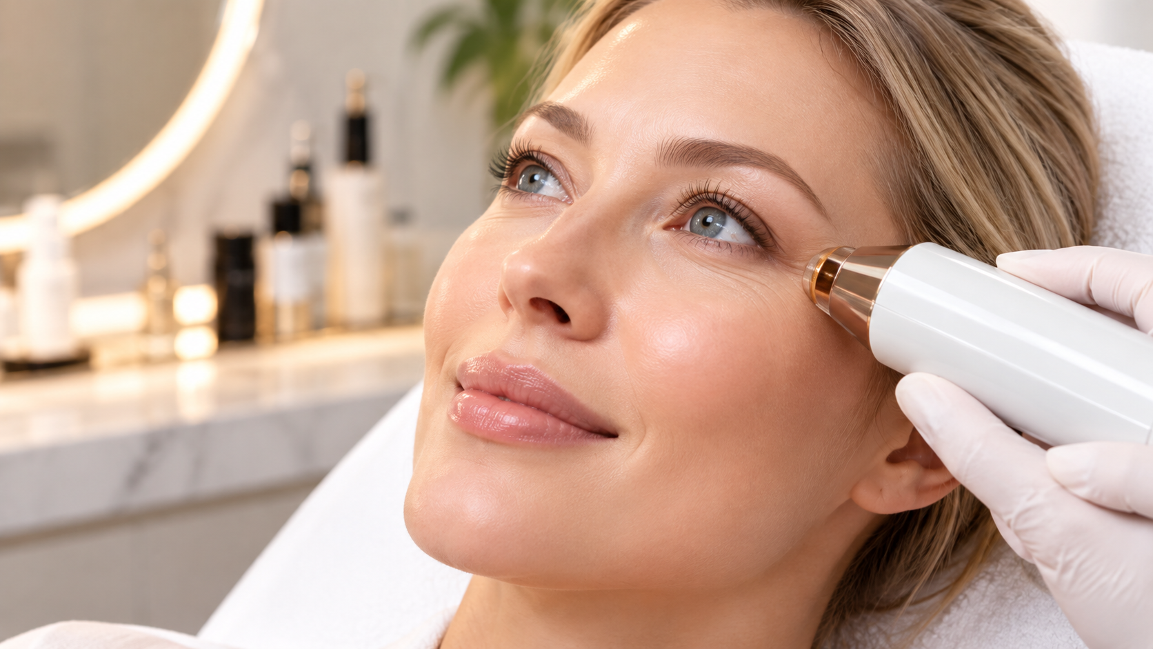 Practitioner treating crow's feet on a patient's outer eye with a handheld device