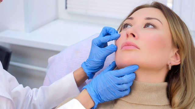 Practitioner examining a woman's nose and chin.