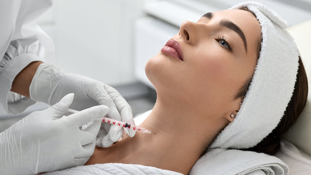 Practitioner administering an injection to a woman's neck.