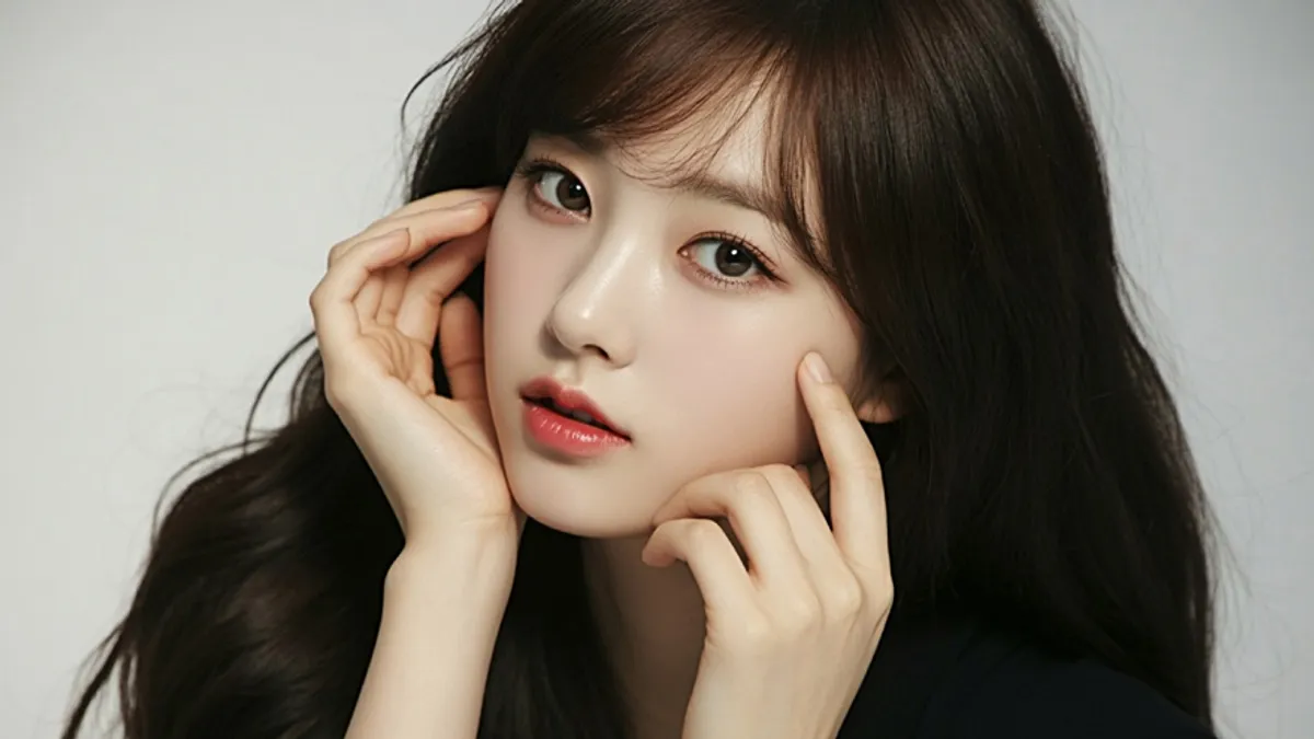 Woman with long dark hair and smooth, radiant skin touching her face after petit dermatology procedures