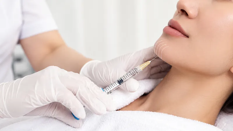 Practitioner holding a syringe near a woman’s chin while wearing medical gloves.