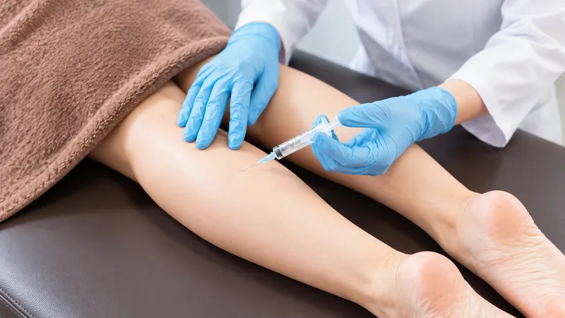Practitioner holding a syringe near a woman’s lower leg.