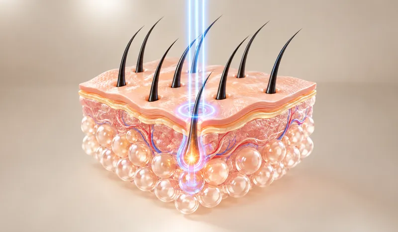 Medical illustration showing light energy targeting a hair follicle beneath the skin.