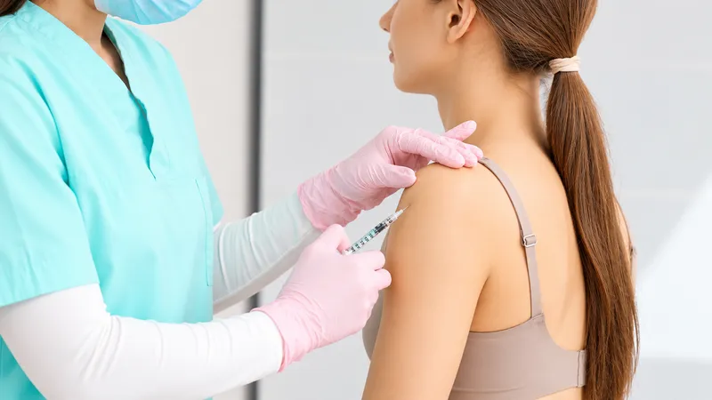 Practitioner administering an injection near a woman’s shoulder.
