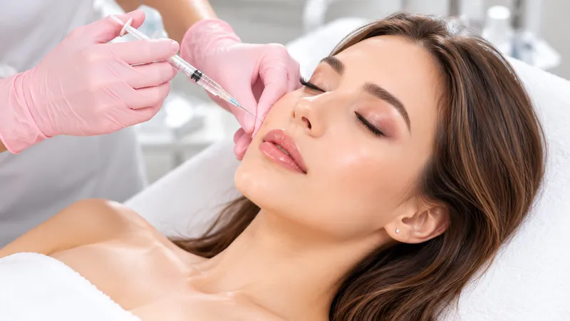 Practitioner holding a syringe near a woman’s cheek.