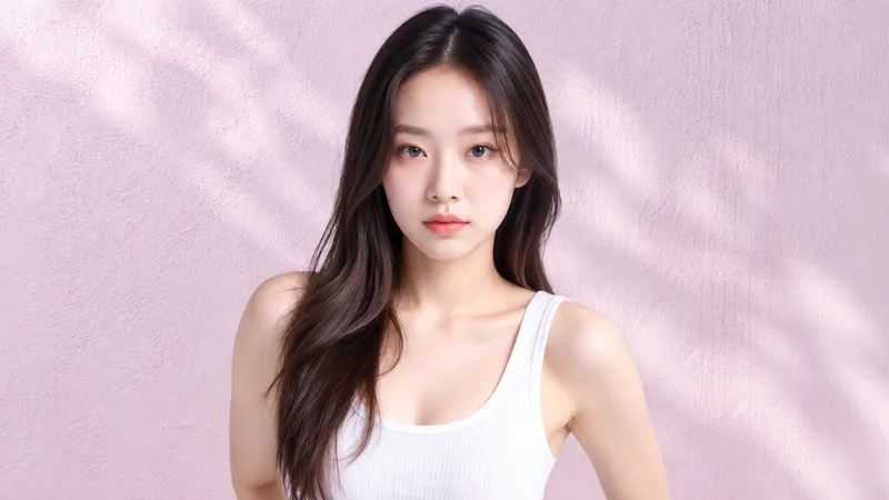 Woman with long dark hair facing the camera against a pink background.