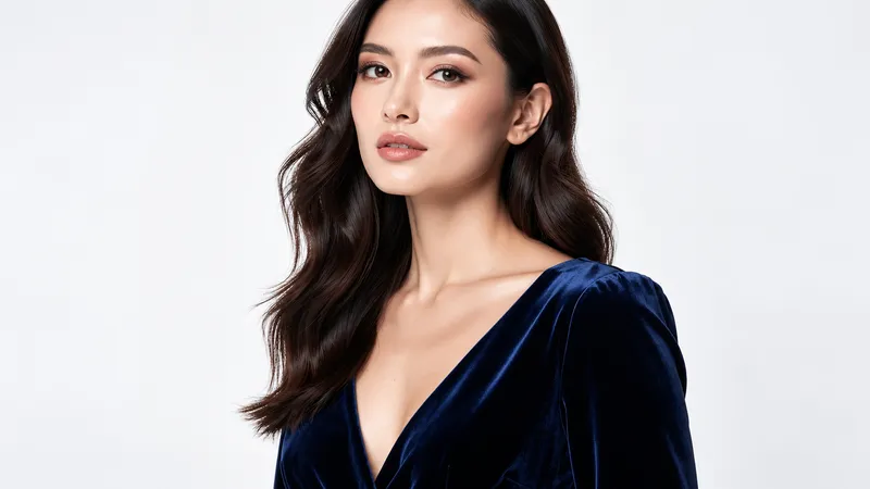 Woman with long dark hair wearing a navy velvet dress against a white background.