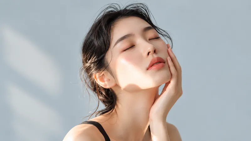 Woman touching her cheek with eyes closed against a light background.