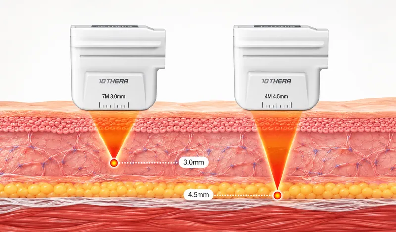 10THERA cartridges targeting skin at 3.0 mm and 4.5 mm depths.