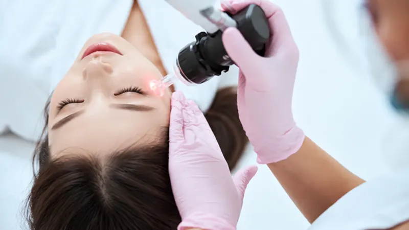 Practitioner applying a handheld device to a woman’s cheek.