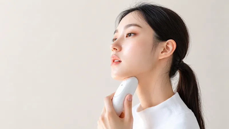 Woman holding a handheld device beneath her jawline.