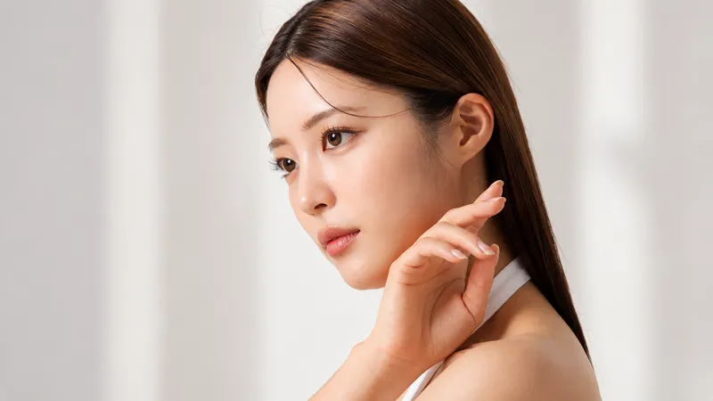 Woman touching her cheek while facing the camera.