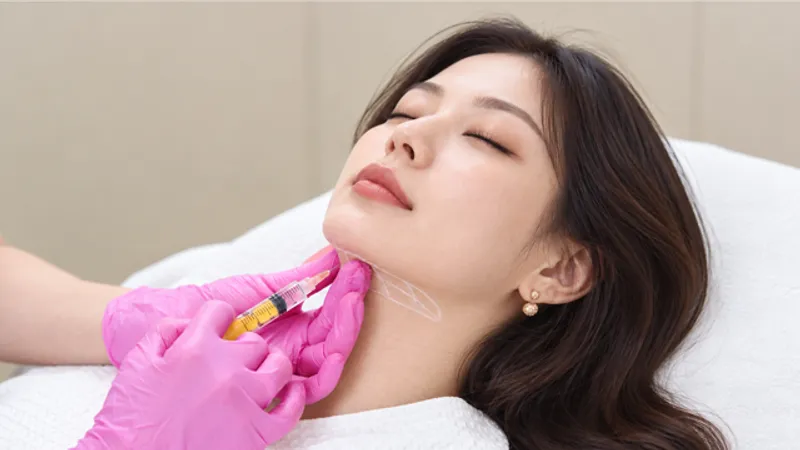 Practitioner holding a syringe near a woman’s neck.