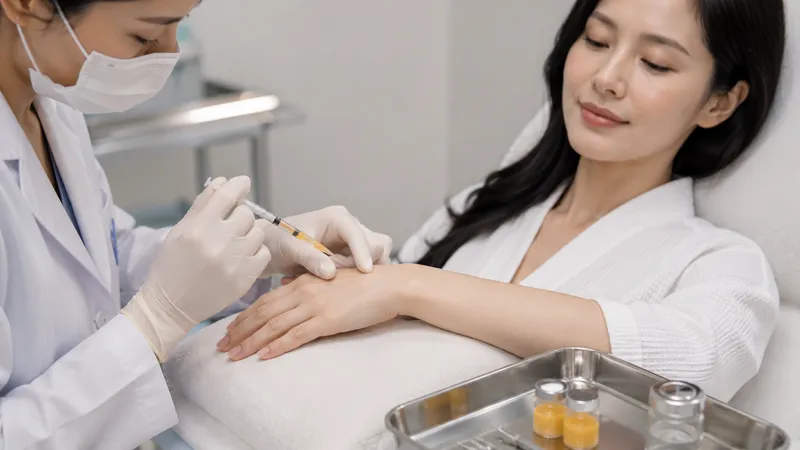 Practitioner administering an injection to a woman’s hand.