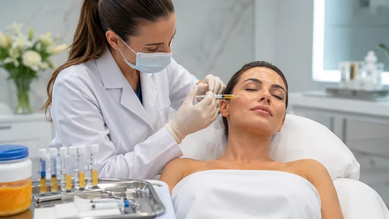 Practitioner administering an injection near a woman’s cheek.