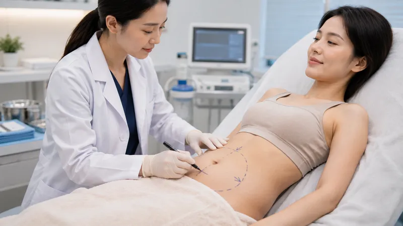 醫療人員於女性腹部標記療程部位。