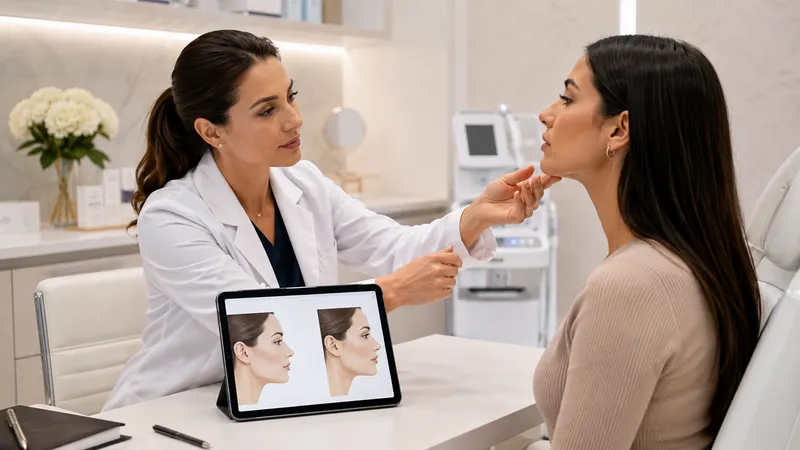 Practitioner assessing a woman’s jawline during a facial consultation.