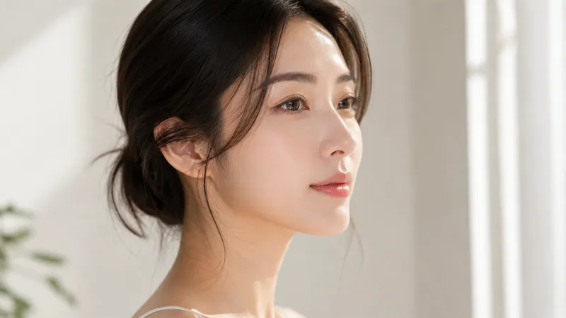 黑髮女性望向一側，沐浴在柔和的自然光中。
