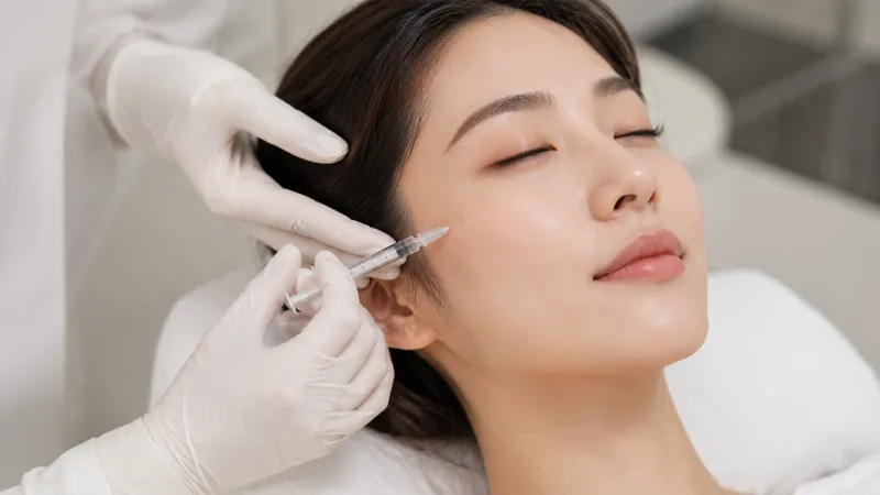 Practitioner administering an injection near a woman’s cheek.