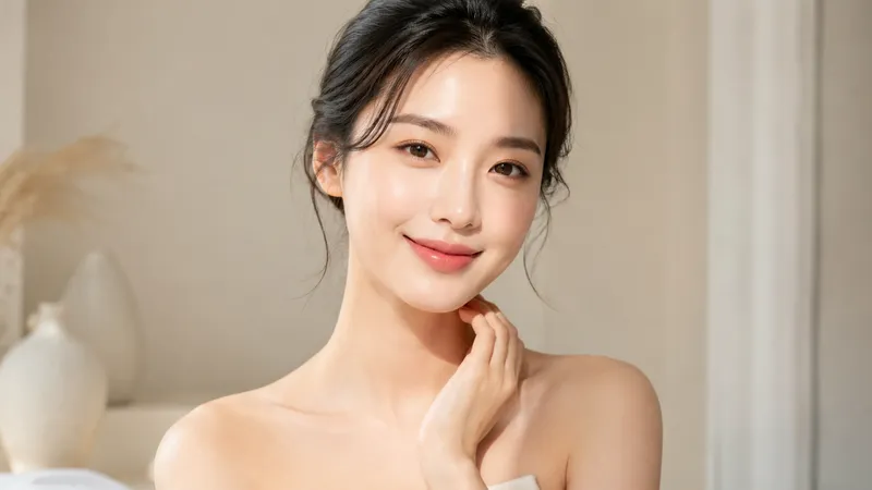 Woman touching her neck while facing the camera in soft natural light.