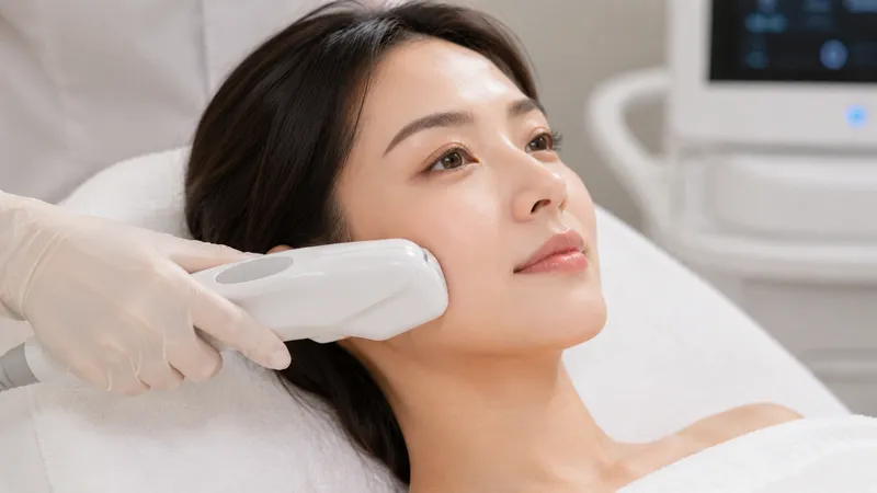 Practitioner applying a handheld device to a woman’s cheek.