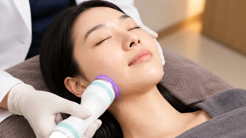 醫療人員以手持式儀器於女性下顎線進行療程。