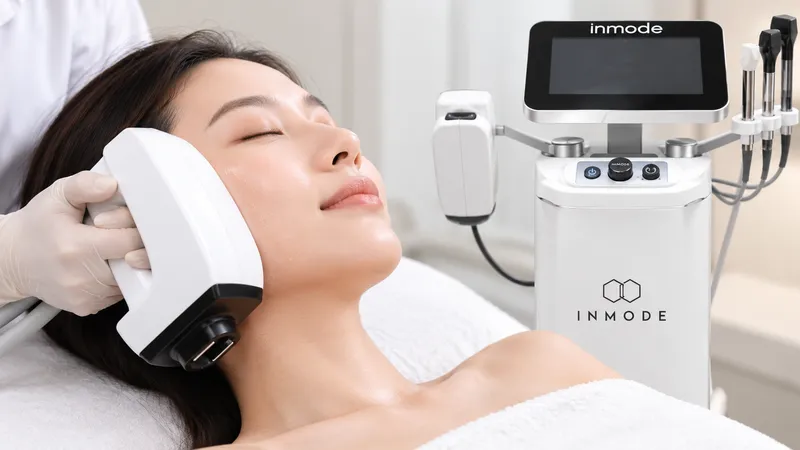 Practitioner applying an InMode device to a woman’s cheek.