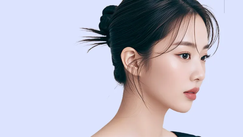 Woman shown in side profile against a light blue background.