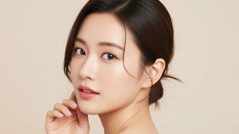 Woman touching her jawline against a light background.